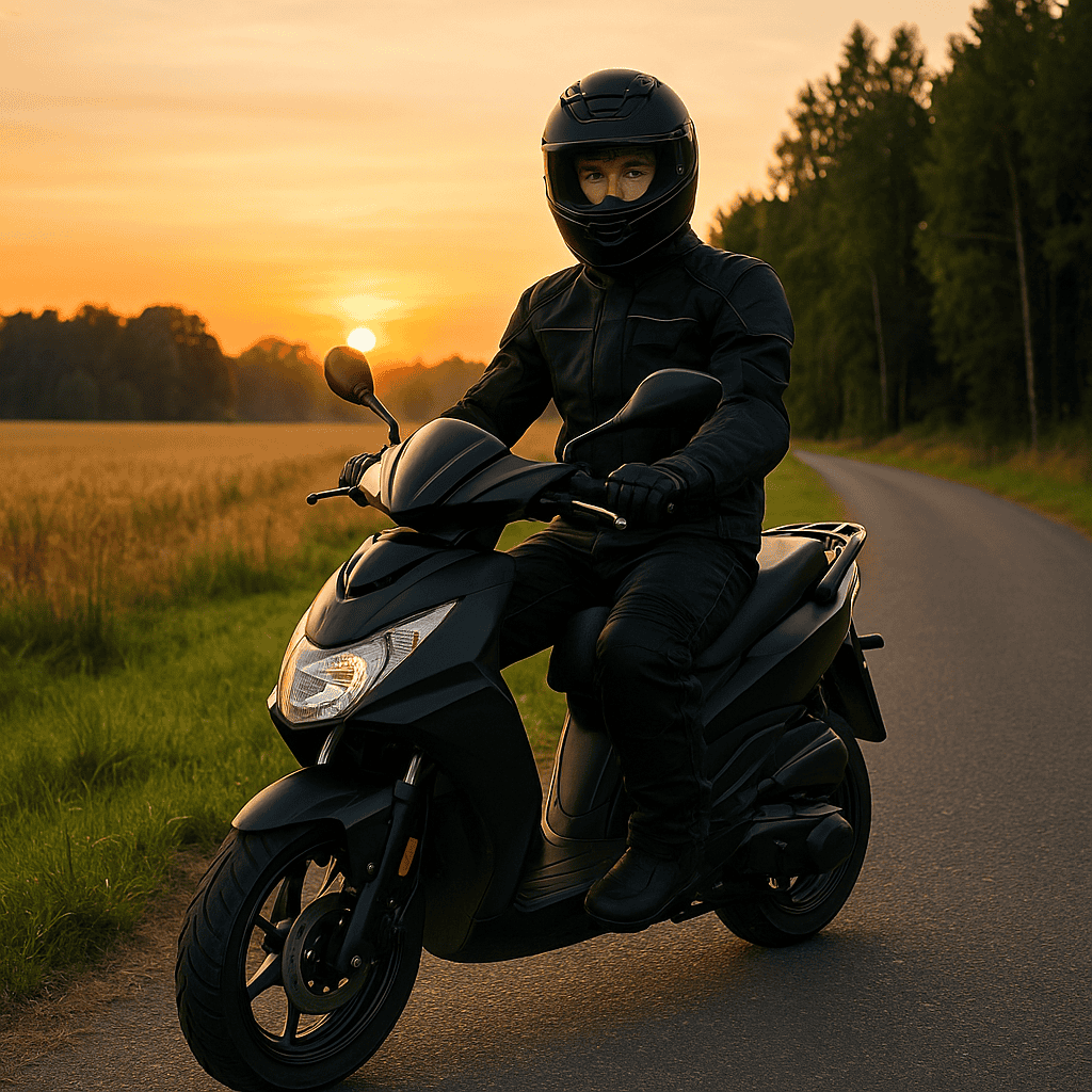 Auf dem Bild ist ein Moped mit einer Person in Motorradschutzausrüstung erkennbar. Das Moped steht auf einer asphaltierten Straße vor einem Feld und einem Wald. Deine Fahrschule Hagenow